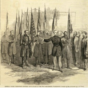 Custer presenting battle flags.